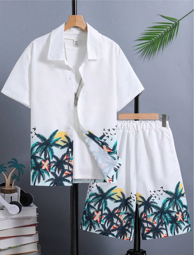 Conjunto hombre hawaiano camisa y short - Blanco